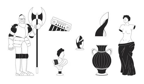 Ancient museum artifacts black and white 2D line cartoon objects set Illustration