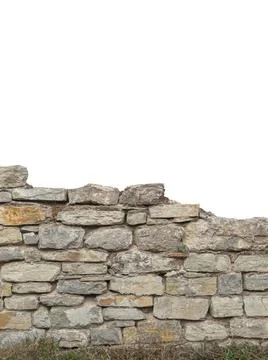 Ancient old stone brick wall, isolated on white. Stock Photos