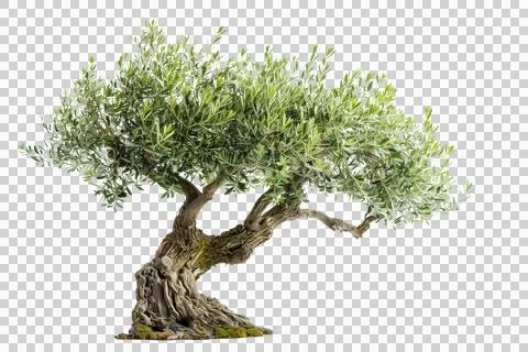 Ancient olive tree with gnarled trunk and lush green foliage isolated on whit Stock Photos