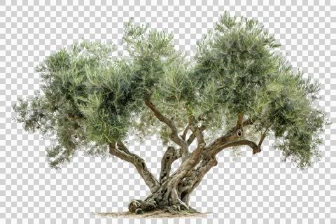 Ancient olive tree with thick, twisted trunk and lush foliage isolated on whi Stock Photos