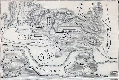 Ancient olympia map showcasing altis, alpheus river, and surrounding areas Stock Photos