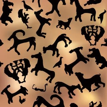 Ancient ornament seamless pattern Cave animals silhouette background Stock Illustration