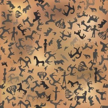 Ancient ornament seamless pattern Cave animals silhouette background Stock Illustration