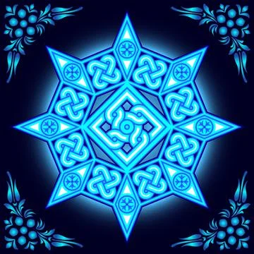 Ancient pagan pattern, circular ornament, neon light. Illustration