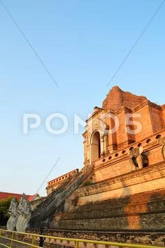 Ancient pagoda build from brick at wat chedi luang Stock Photos