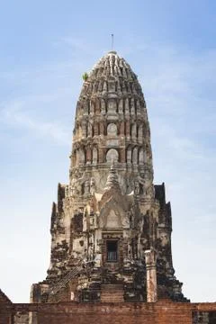 An ancient pagoda in an old temple and a very old brick wall in Ayutthaya, Th Stock Photos