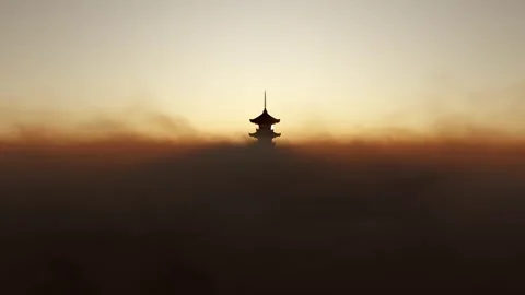 Ancient Pagoda Rising Through Clouds from Evening Light to Starry sky Stock Footage 343496959