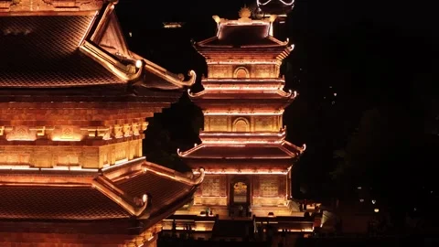 Ancient pagodas in hoa lu at night reflecting on the river, ninh binh, viet.. Stock Footage 335084942