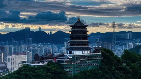 Ancient pagodas reflect three-dimensional poems of modern cities Stock Footage 313861543