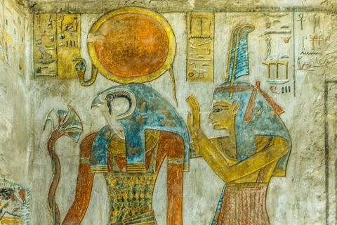 Ancient Painting of the egyptian god Ra and Maat in a tomb Stock Photos