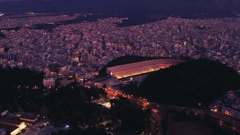 Ancient Panathenaic Stadium, Olympics, Athens, Greece, sunset, Drone, Aerial, 4K Stock Footage 123700341