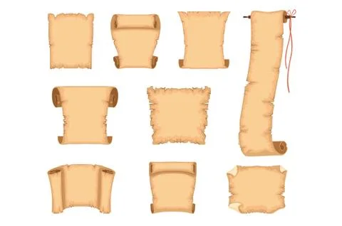 Ancient paper scrolls set, ancient parchments vector Illustrations on a white Stock Illustration