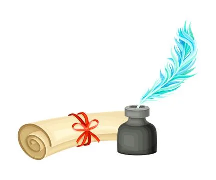 Ancient Papyrus Scroll Binded with Red Ribbon and Quill in Inkstand Vector Ilustración de archivo