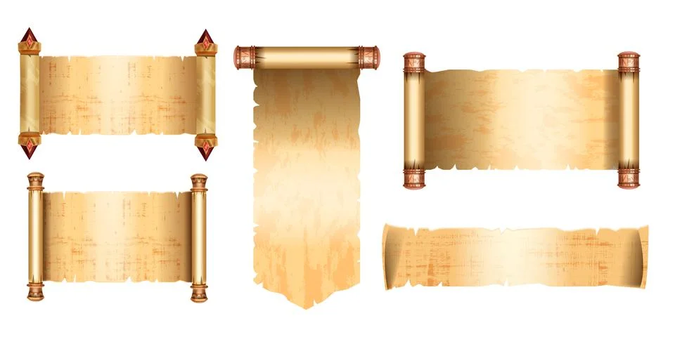 Ancient papyrus scroll set, vector game parchment paper background kit Illustrazione stock