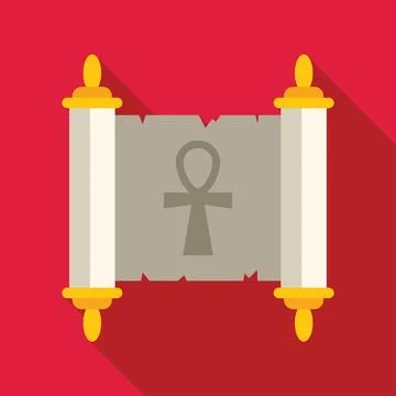 Ancient papyrus scroll showing ankh symbol on red background Illustrazione stock