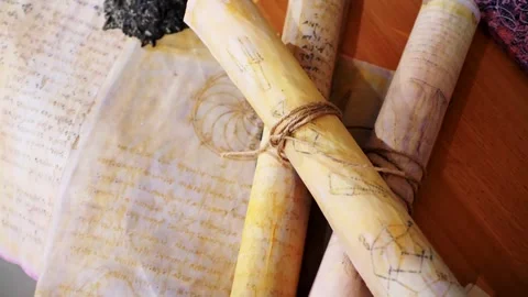 Ancient parchment, bound by time. Aged scrolls. Manuscripts, ancient papers Stock Footage 288703182