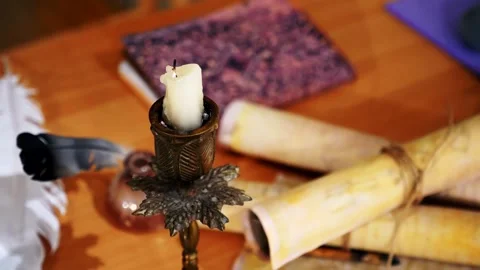 Ancient parchment, bound by time. Aged scrolls. Manuscripts, ancient papers Stock Footage 288704046