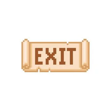 Ancient parchment roll with EXIT text, old paper scroll, vector pixel cartoon Illustrazione stock