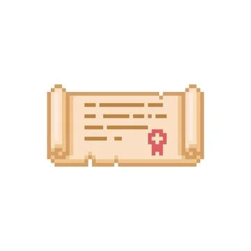 Ancient parchment roll, old paper diploma scroll pixel art, vector cartoon open Stock Illustration