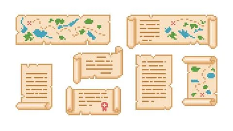 Ancient parchment roll, old paper scroll pixel art Y2K vector set, diploma with Stock Illustration