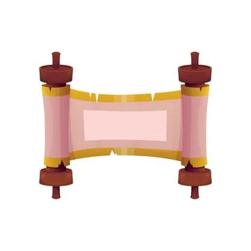 Ancient parchment roll, paper blank scroll on the wooden hub, vector game o.. Illustrazione stock