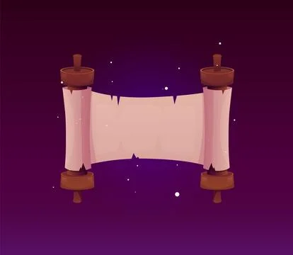 Ancient parchment roll vector banner. Game paper blank scroll on wooden hubs  Ilustração Stock