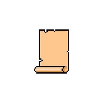 Ancient parchment scroll, old beige paper blank black outline vector pixel art Stock Illustration