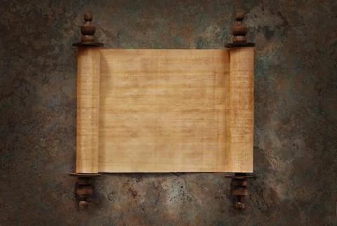 Ancient parchment scrolls with blank papyrus opened on a stone background wit Stock Illustration