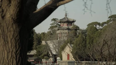 Ancient Pavilion Viewed Through Trees at Summer Palace Beijing on Clear Day Stock Footage 341781958