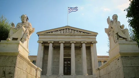 Ancient Philosopher Plato and Socrates Background of the Greek Flag Stock Footage 73900940