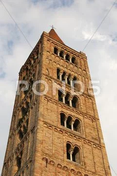 Ancient Pomposa abbey bell tower historical building in the Po valley Stock Photos