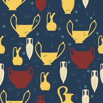Ancient pottery seamless pattern in retro style Stock Illustration
