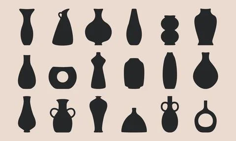 Ancient pottery set. Black ceramic vase jar amphora silhouette shapes, hand Stock Illustration