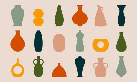 Ancient pottery set. Ceramic vase jar amphora silhouettes abstract shapes, hand Stock Illustration