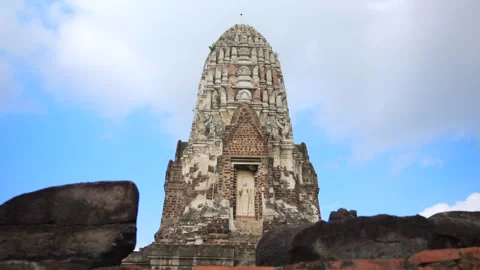 Ancient Prang Tower of Wat Ratchaburana in Ayutthaya Thailand with Clear Blue Stock Footage 312662005