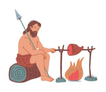 Ancient primitive caveman sits on a log with spear and cooks prey meat on fire Stock Illustration