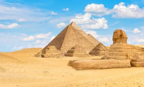 Ancient pyramids and Sphinx Stock Photos