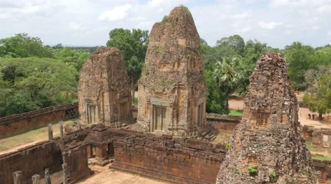 Ancient red brick temple ruin, Angkor, Siem Reap, Cambodia. High angle, 4K video Stock Footage 66021974