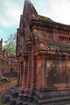 Ancient Red Sandstone Library Building at Banteay Srei Temple, Cambodia Stock Photos