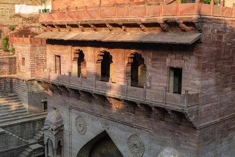 Ancient red stone unique stepwell architecture at day from different angle 스톡 사진