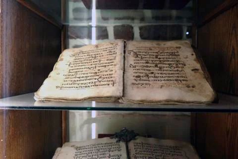 Ancient religious codex in both Coptic and Arabic calligraphy Stock Photos