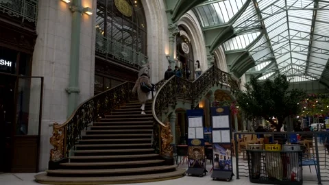 Ancient restaurant facade in center of Paris. Le train Bleu staircase. Video 4K Stock Footage 298517466