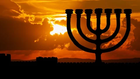 Ancient ritual Candelabrum Menorah, Time Lapse at Sunset with Red Sun Stock Footage 248512430