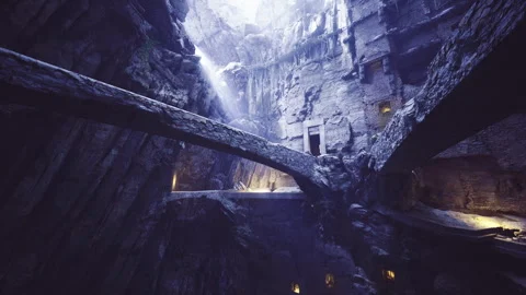 Ancient ritual cavern featuring glowing lamps and sacred architectural details Stock Footage 341825838