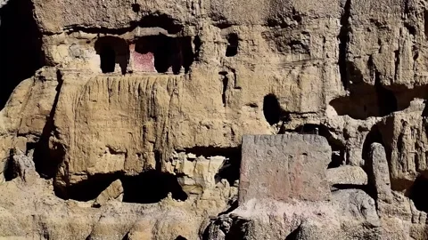 Ancient Rock Formations and Cave Dwellings at Daba Ruins China Stock Footage 346737252