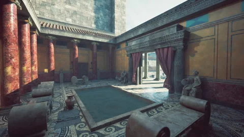 Ancient Roman bathhouse interior showcasing intricate architecture and design Stock Footage 313435872