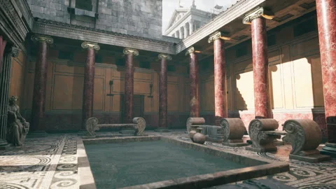Ancient Roman courtyard with decorative elements and a central pool Stock Footage 304506727