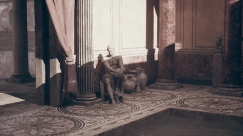 Ancient Roman courtyard featuring a statue and intricate flooring details Stock Footage 310499739