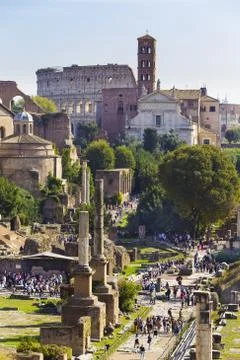 Ancient Roman Forum with Colosseum in the background in Rome, Italy Stock Photos