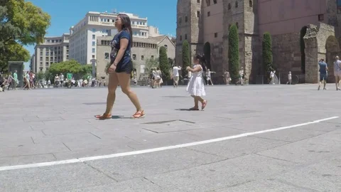 Ancient Roman Gate and square Nova. Barcelona, Catalonia, Spain. Stock Footage
